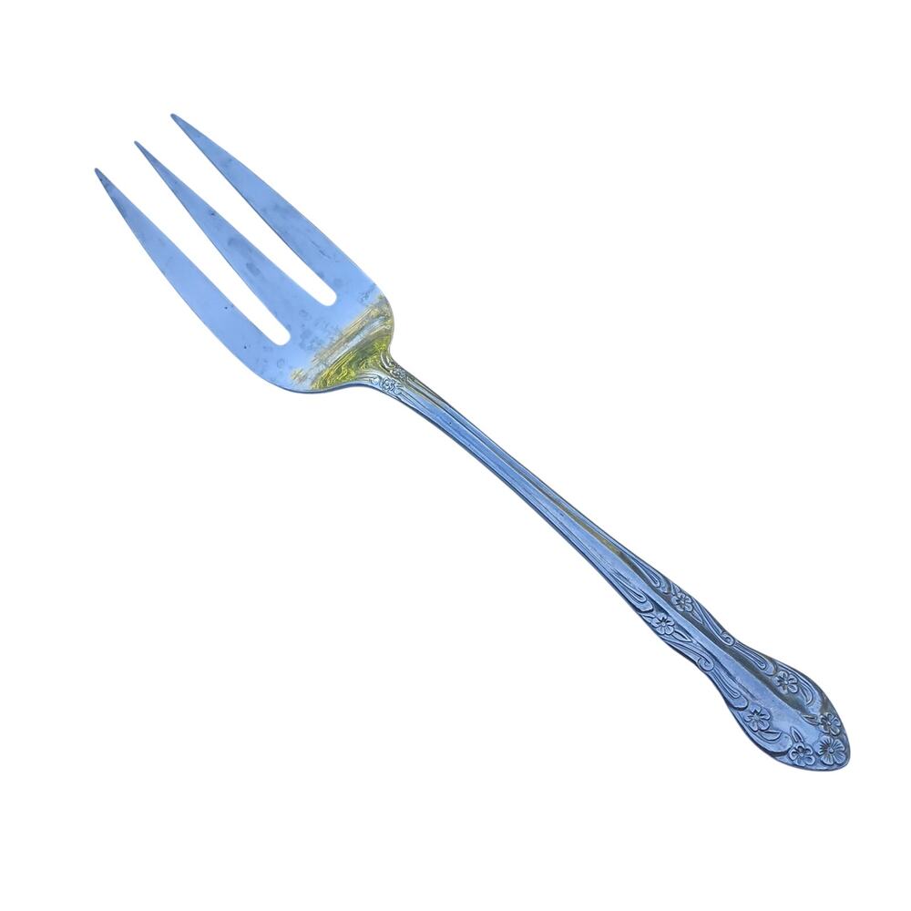 Utica Saranac Stainless Korea Floral 3 Tine Serving Fork Vintage Silverware 8.5
